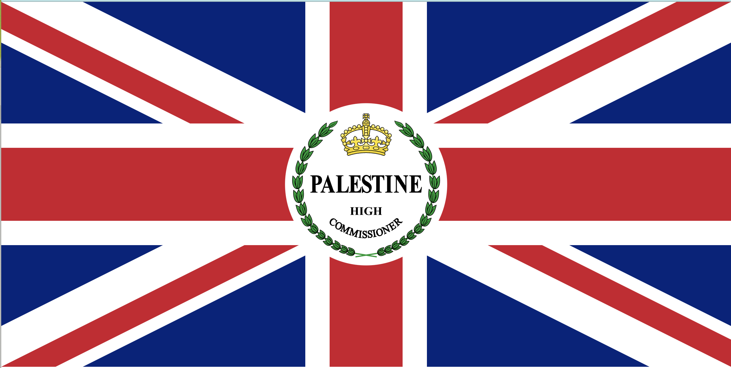 Flag of the High Commissioner of Palestine, showing the British flag with a medallion at its center. The medallion reads "Palestine High Commissioner," bracketed by two olive branches, with a Crown at the top.